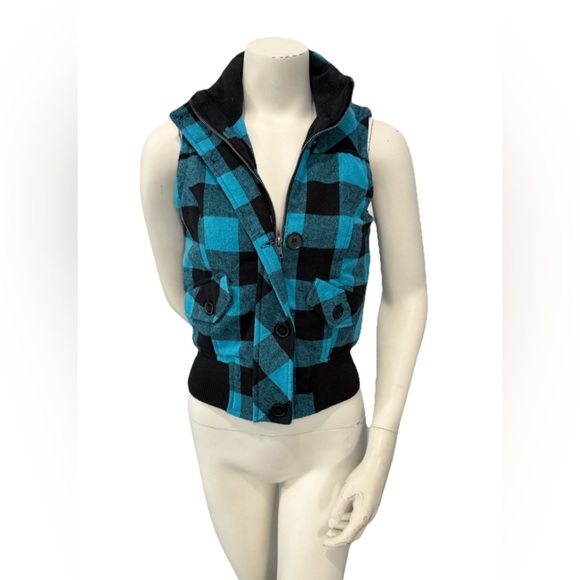 Paris Blues Women’s S Vest Blue Black Plaid Sleeveless Button Zip Puffer Jacket - Picture 1 of 8
